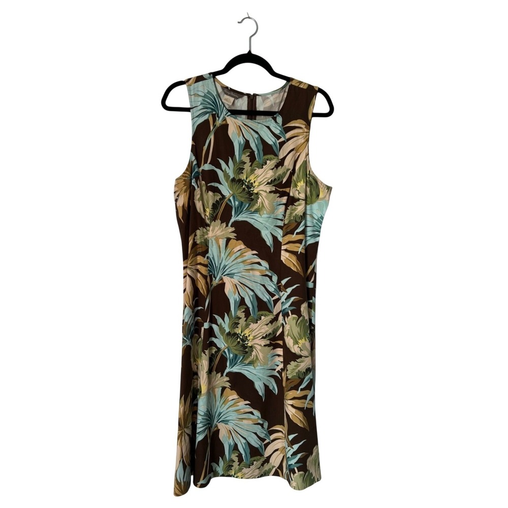 Tommy Bahama Silk Dress Size 14 Brown Blue Sleeveless Tropical Hawaiian Vacation